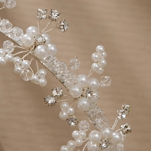 Elegant bridal hair hoop with handmade pearls, crystals and silver wire for wedding