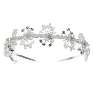 Elegant bridal silver headband with handmade pearls and crystals floral crown design