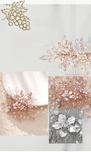 Macro shot of rose gold flower hair comb with pink crystals, rhinestones and pearls