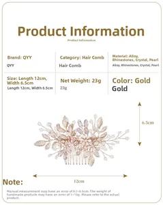 Detailed size view of golden bridal hair comb with pearls and crystals 12x6.5cm