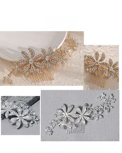 Detailed view of silver and gold bridal hair combs with crystals and floral vine patterns