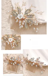Detail of handmade bridal hair comb with pearls, crystals, and golden metal leaves