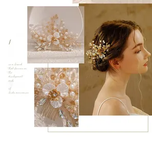 Detail of handcrafted bridal hair comb with white flowers, pearls and crystals