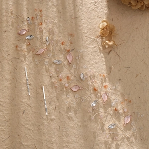 Exquisite bridal hair vine with handmade pink leaf crystals and golden rhinestone pearls