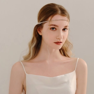 Detail of silver bridal hair chain with sparkling rhinestones on a blonde model