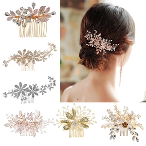 Bridal Artificial Pearl Rhinestone Hair Comb Gold Silver Flower Leaf Hair Insert Wedding Banquet Elegant Handmade Hair Jewelry Women