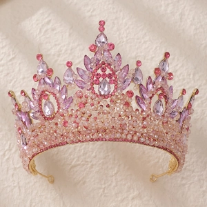 Luxury Baroque Alloy Rhinestone Crystal Bridal Crown For Wedding Prom Pageant Women Gold Pink Purple Red AB Tiara Headwear