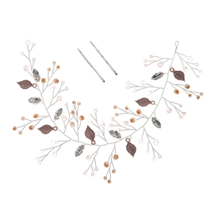 Handmade gold leaf bridal hair vine with crystal beads and pink stones for wedding hairstyle