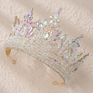 Luxury gold bridal crown with crystal rhinestones and bead details for wedding party
