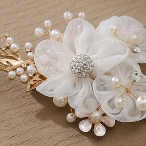 Elegant white mesh flower hair clip with pearls and rhinestones on gold metal base
