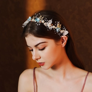Handgefertigter Brauthaarschmuck Goldblatt Blume Haarband Mit Künstliche Perlenimitat Satinband Für Hochzeitsfotografie Damen