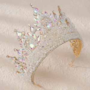 Luxurious gold bridal tiara with colorful crystal rhinestones for pageants and weddings