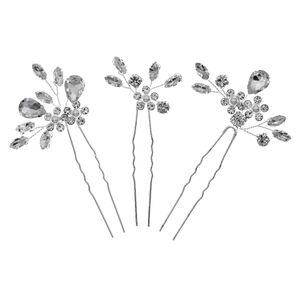Three-piece silver bridal hair pins set with sparkling rhinestones and white pearls