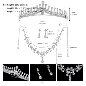 Dettaglio del set gioielli da sposa in lega d'argento con strass e specifiche di misura