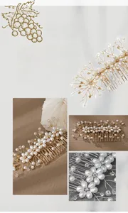 Close-up of handmade bridal hair comb with gold floral wire, pearls, and crystals