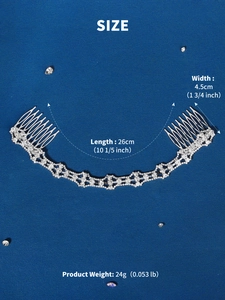 Detailed size parameters of silver bridal rhinestone hair comb showing 26cm length