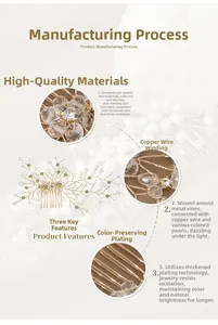 Detailed view of handmade bridal hair comb with pearls, crystals, and gold wire craft