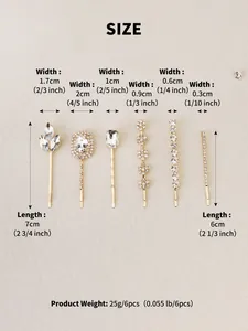 Size chart for a 6-piece set of rhinestone hair clips with detailed dimensions and weights