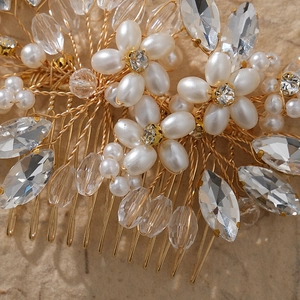 Elegant gold bridal hair comb with handmade white pearls and sparkling crystal flowers