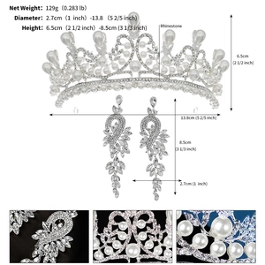 Dimensions détaillées du set de couronne nuptiale et boucles d'oreilles perlées