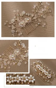 Detail view of handmade bridal hair combs with pearls, crystals and gold wire floral motifs