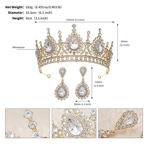 Dimensions détaillées du diadème de mariée et boucles d'oreilles en strass