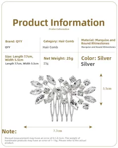 Détails du peigne à cheveux de mariée argenté avec strass et dimensions précises
