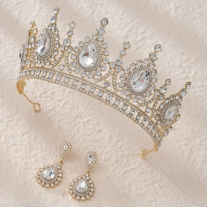 Parure de mariée luxueuse avec diadème et boucles d'oreilles en alliage doré et cristaux