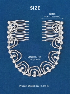 Detail view of silver bridal hair comb with rhinestone chains showing size and dimensions