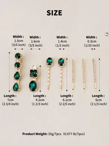 Detailed size chart showing dimensions and weight for the 7-piece emerald rhinestone hair clip set