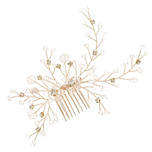 Exquisite handmade bridal hair comb with gold floral wire, crystals and pearl beads