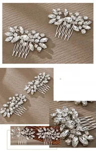 Détail de peignes à cheveux de mariée faits main en argent avec strass scintillants