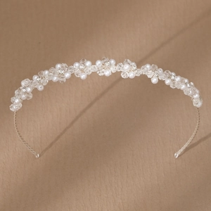 Handmade Bridal Flower Headband With Faux Artificial Pearl Crystal Silver Wire Hair Hoop Wedding Party Prom Hair Accessories For Women
