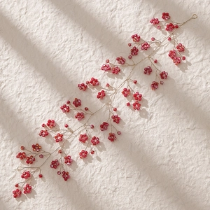 Handgefertigte rote Kristall-Braut-Haarranke mit Golddrahtperlen für Vintage-Hochzeiten