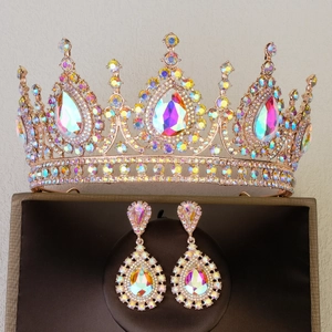 Parure mariée luxe diadème et boucles d'oreilles or rose avec cristaux AB sur écrin