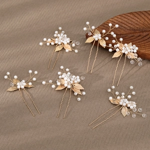 Handgefertigtes Braut Haarnadeln Set Gold Legierung Blatt Künstliche Perle Kristall U-Form Haarforken Hochzeit Kopfschmuck Damen