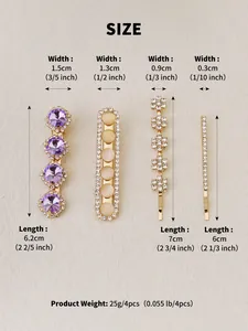 Detailed size chart showing dimensions of the 4-piece rhinestone hair clip set