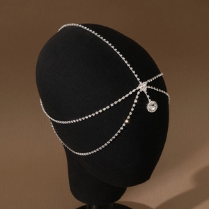 Bohemian silver rhinestone head chain bridal hair accessory with sparkling forehead pendant