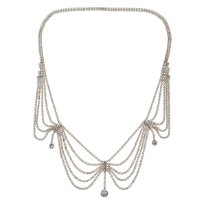 Elegant silver bridal forehead chain with sparkling crystal tassels and circular pendants