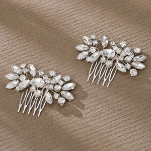 Elegant pair of silver floral rhinestone hair combs for bridal and party hairstyles