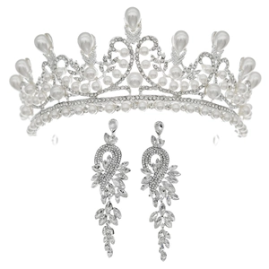 Ensemble diadème de mariée et boucles d'oreilles luxe avec cristaux et perles argent