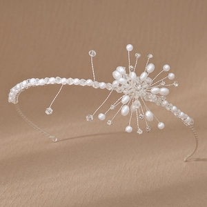 Elegant handmade pearl and crystal headband with floral beadwork for wedding accessories