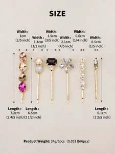 Size chart for colorful rhinestone hair clip set with detailed dimensions in cm and inches