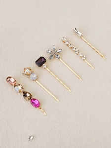 Set of six colorful rhinestone hair clips with floral and geometric jewel designs