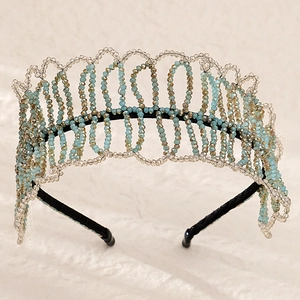 Handmade light blue and amber beaded headband crown hair accessory for women weddings