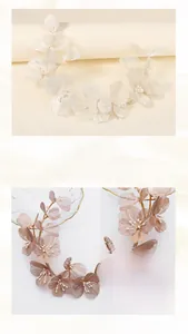 Close-up of handmade bridal headband with silk gold petals and delicate white pearls