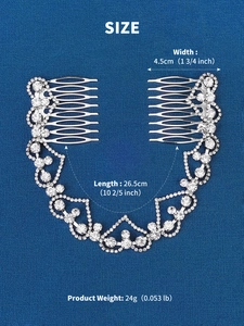Detail view of silver rhinestone bridal hair comb showing 26.5cm length and dimensions