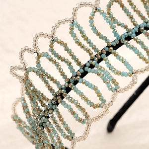 Green and champagne beaded headband with handcrafted crystal design for wedding