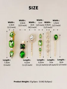 Size chart showing dimensions and weight for the 6-piece emerald rhinestone hair clip set