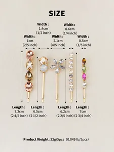 Size chart showing 5 colorful rhinestone hair clips with exact cm and inch measurements